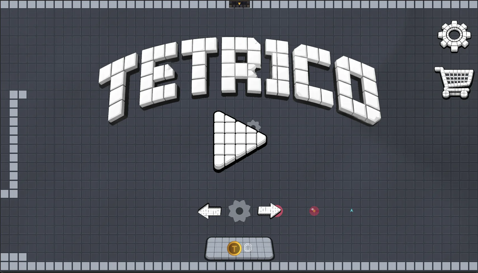 The Tetrico main menu: the word TETRICO spelled in white beveled bricks over a slate grid, with a brick-built play button.